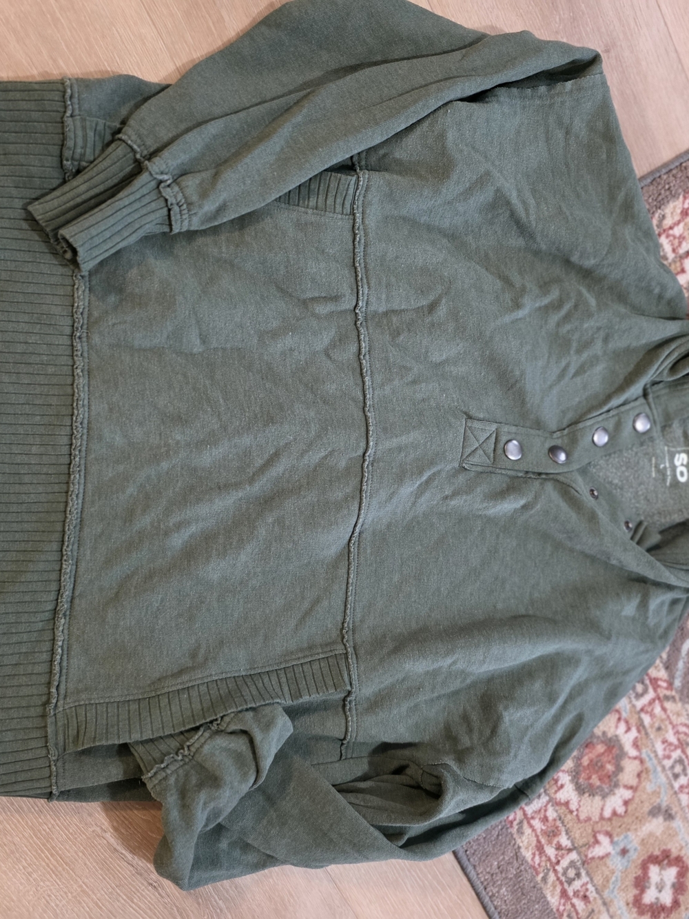 Womens Olive Green Snap-Button Pullover Sweater